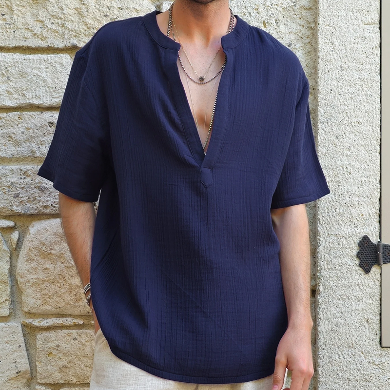 Men's Blue Gauze Organic Cotton Henley Collar Shirt