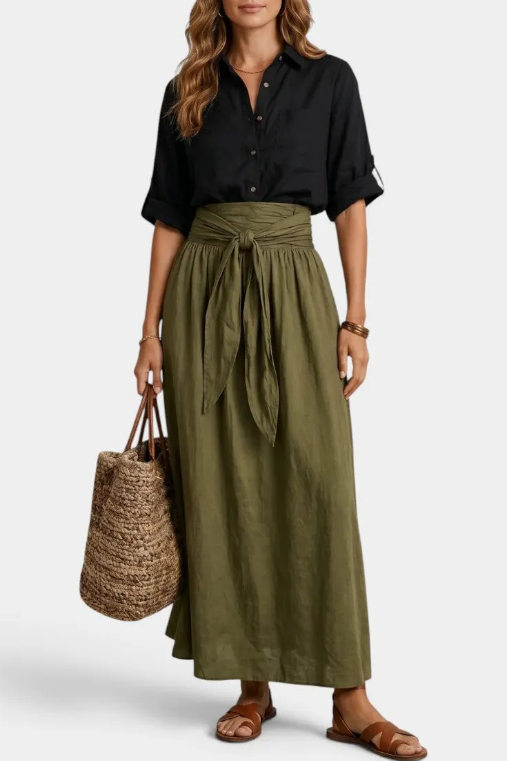 High Waist Flared Midi Skirt with Tie Belt