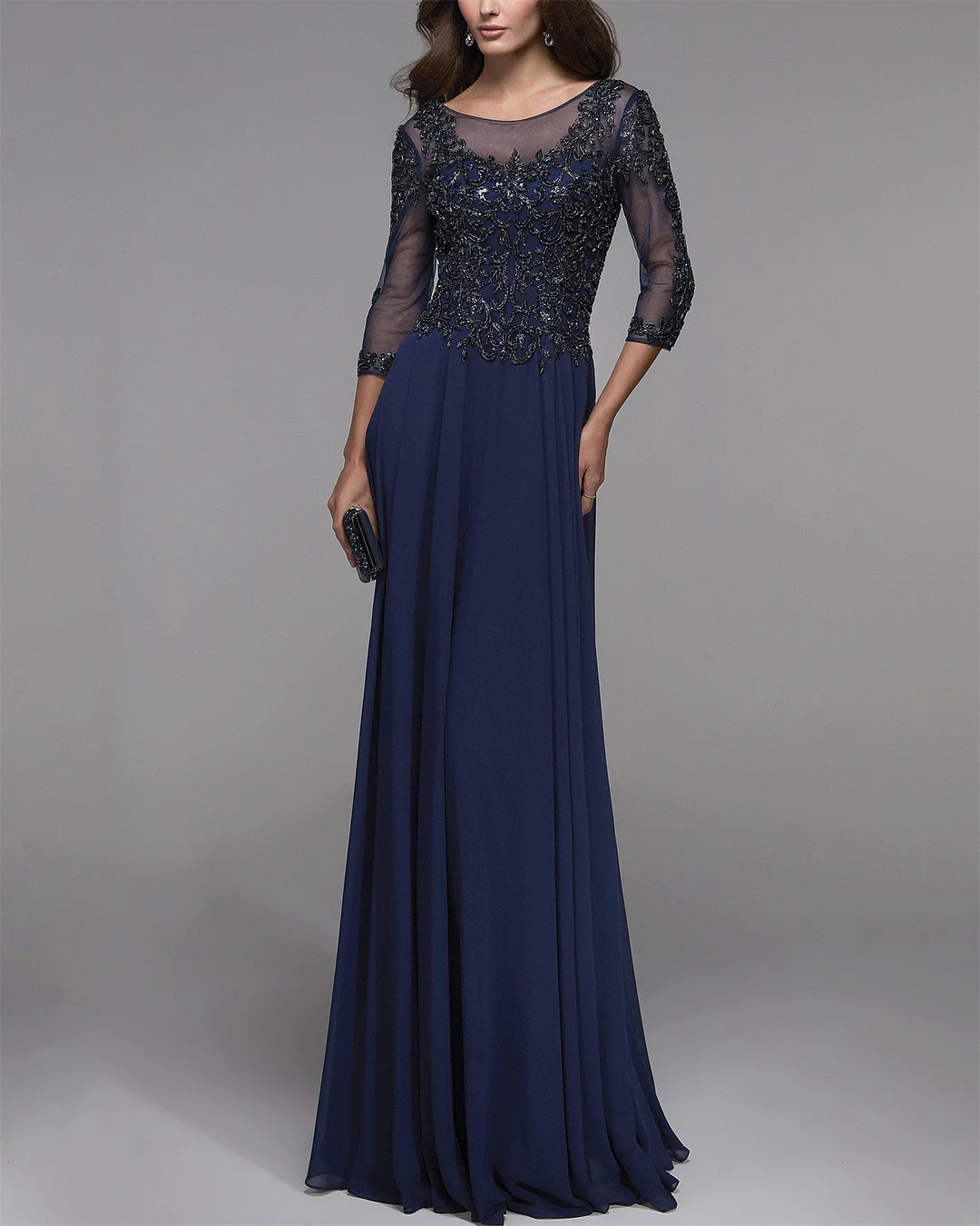 Women's Dark Blue Round Neck Mesh Embroidery Dress