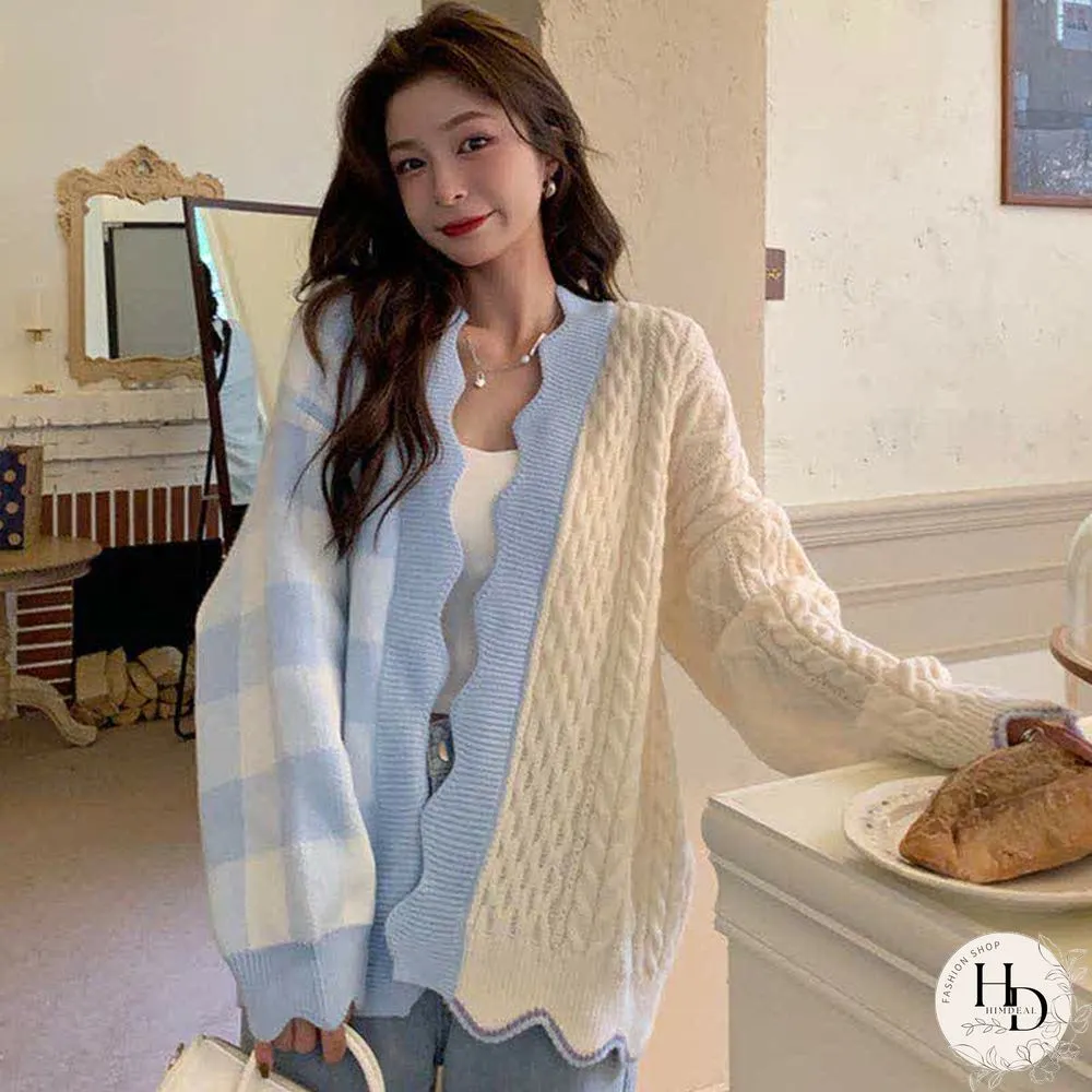 Lattice Print Colorblock Pocket Loose Cardigan Sweater
