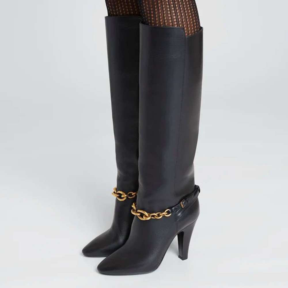 Black Closed Toe Chunky Heel Knee High Winter Boots Nicepairs