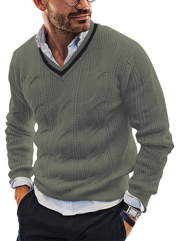 Mature Men's Fashionable V-Neck Slim Fit Long Sleeve Knitted Sweater