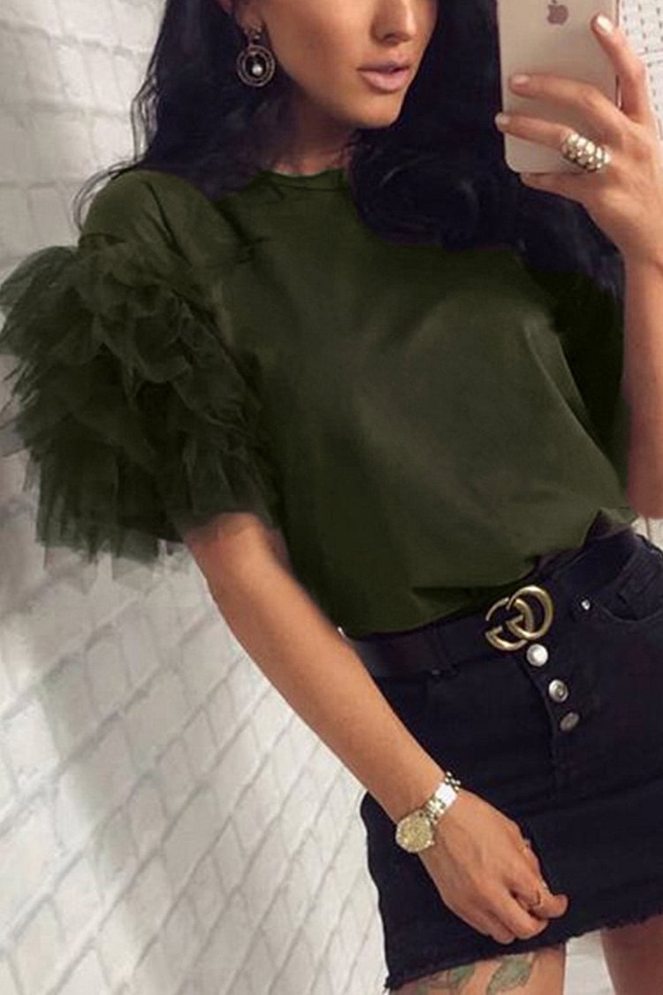 Trendy Tulle Patchwork Scoop T-shirt - BlackFridayBuys