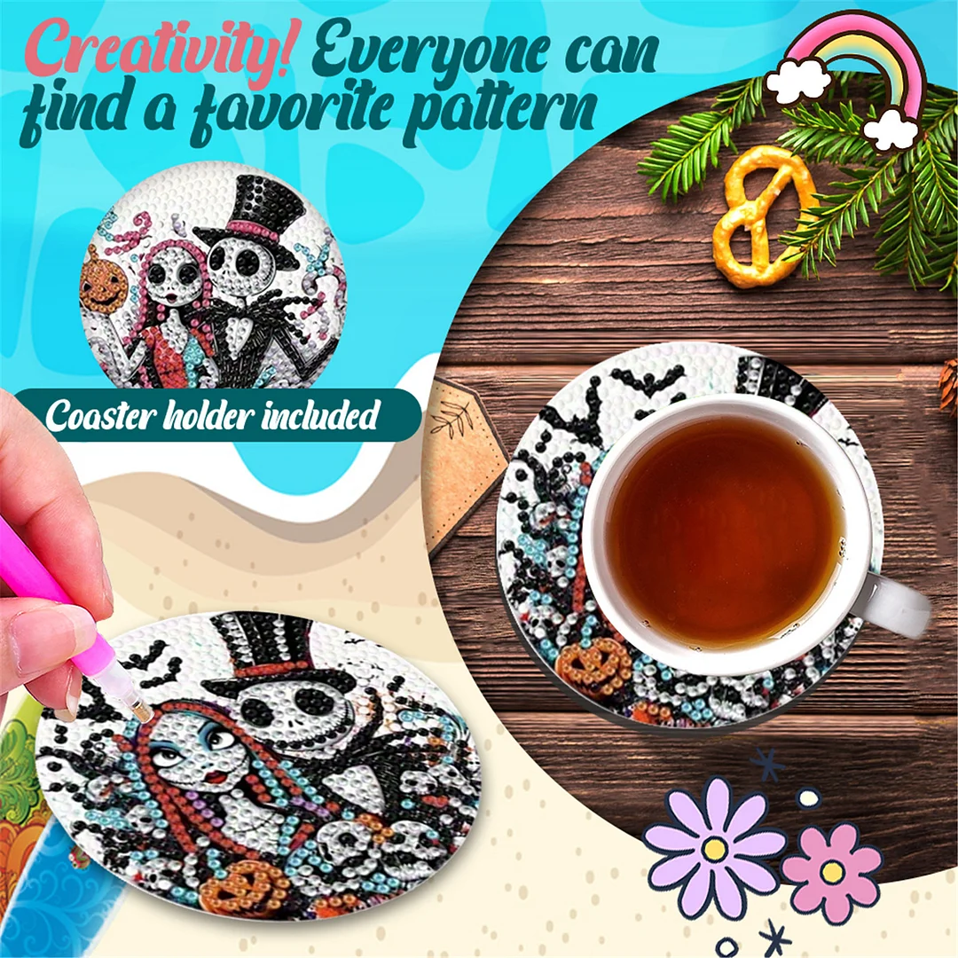 8pcs Cartoon DIY Diamond Painting Wooden Coasters Kits with Holder (Skeleton)