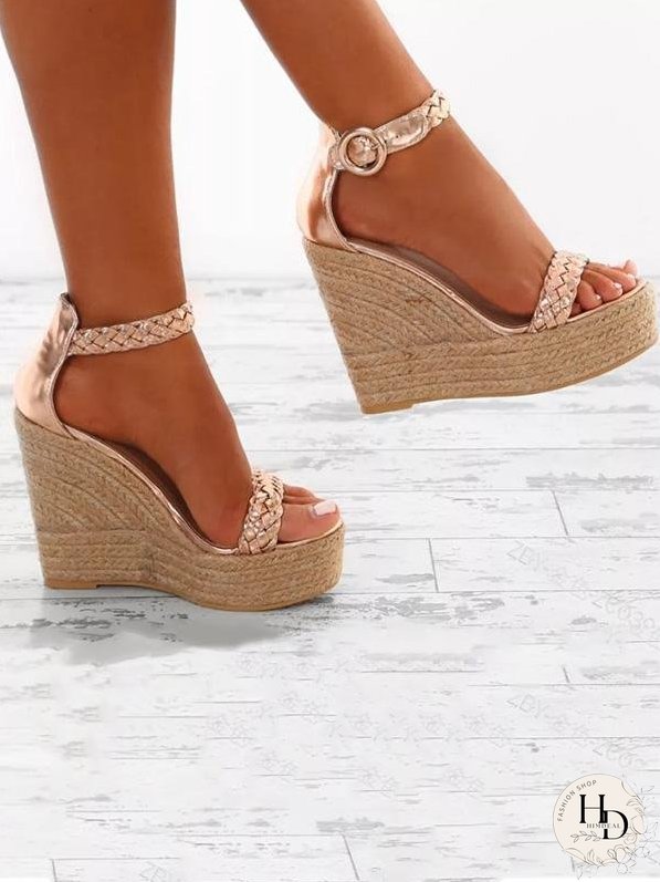 Fashion Wedge High-heel Solid Color Weaving Sandal Shoes