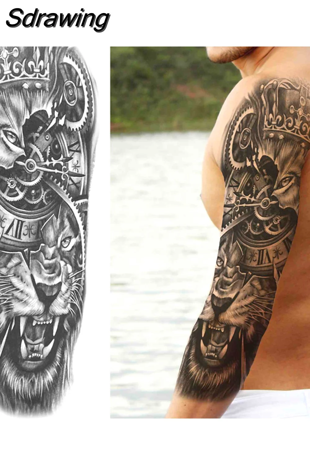 Sdrawing Arm Temporary Tattoos Sleeve For Men Women Realistic Fake Tatoos Warrior Lion Tiger Flower Tatoo Sticker Black Totem Maori 507-1
