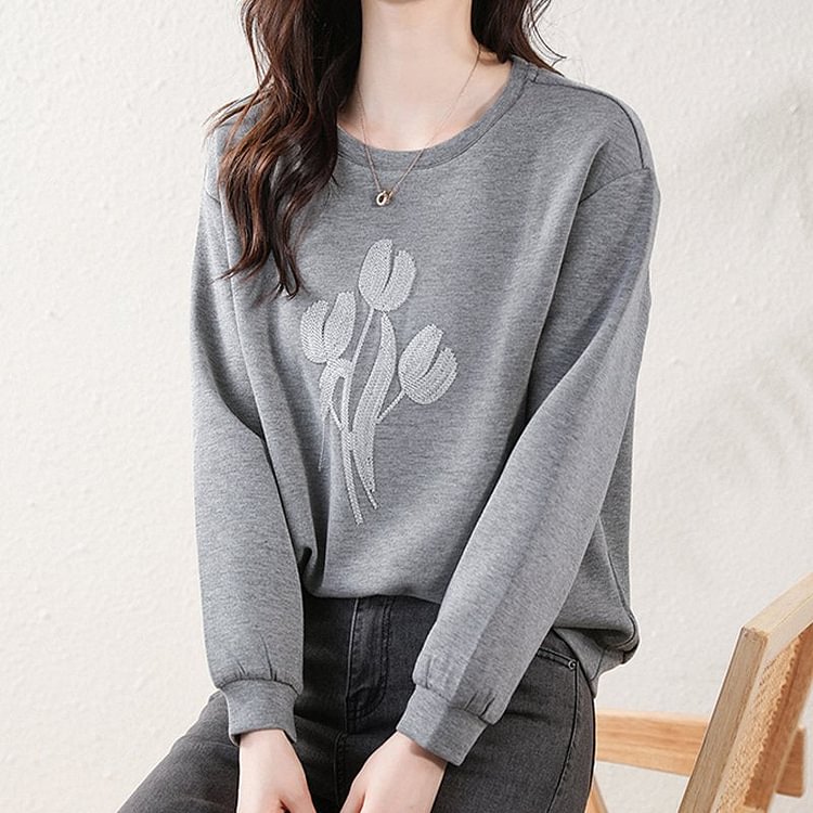 Gray Long Sleeve Shift Floral Sweatshirt QueenFunky