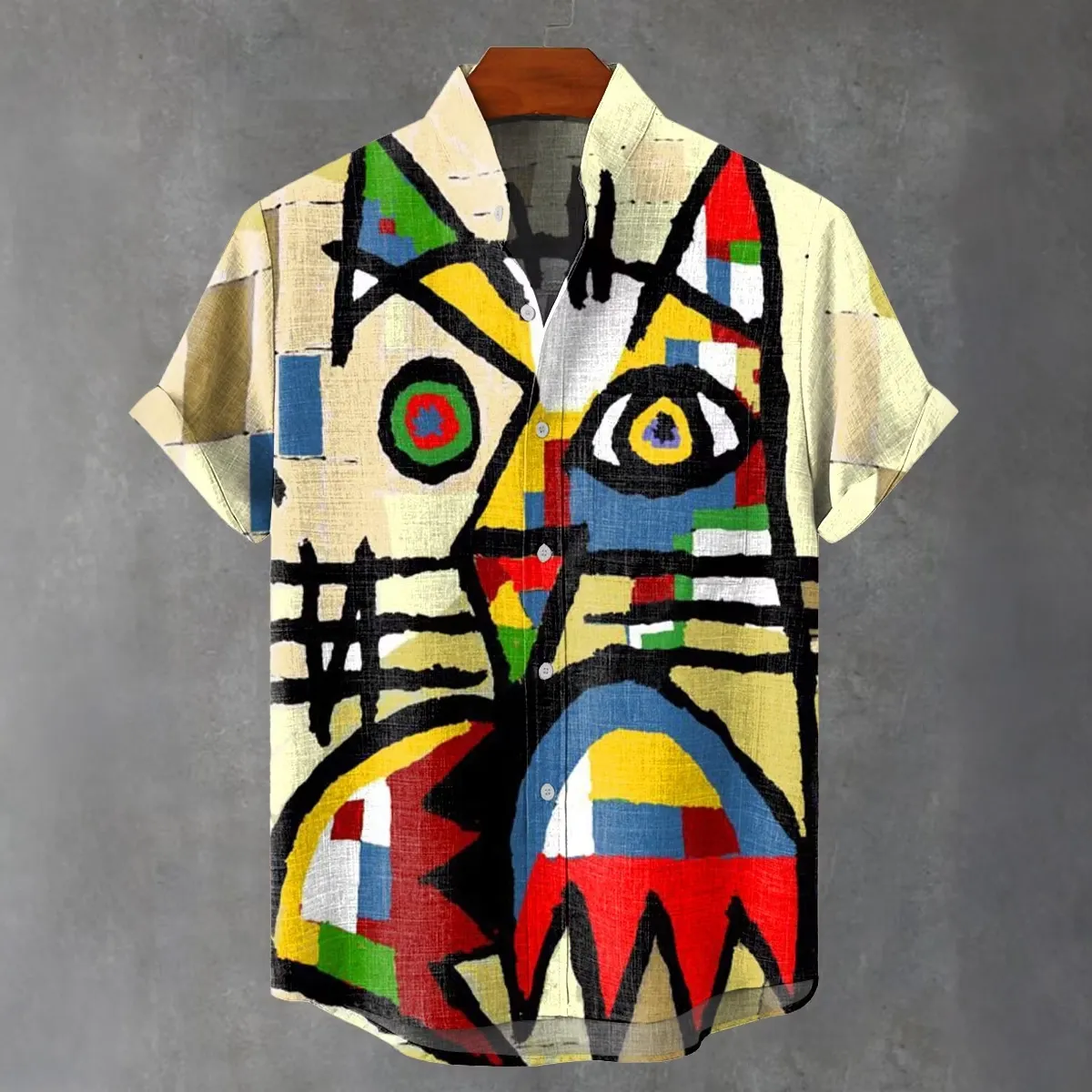 Men's Abstract Art Design Cat Printing Flowy Linen Blend Casual Shirt  artssus