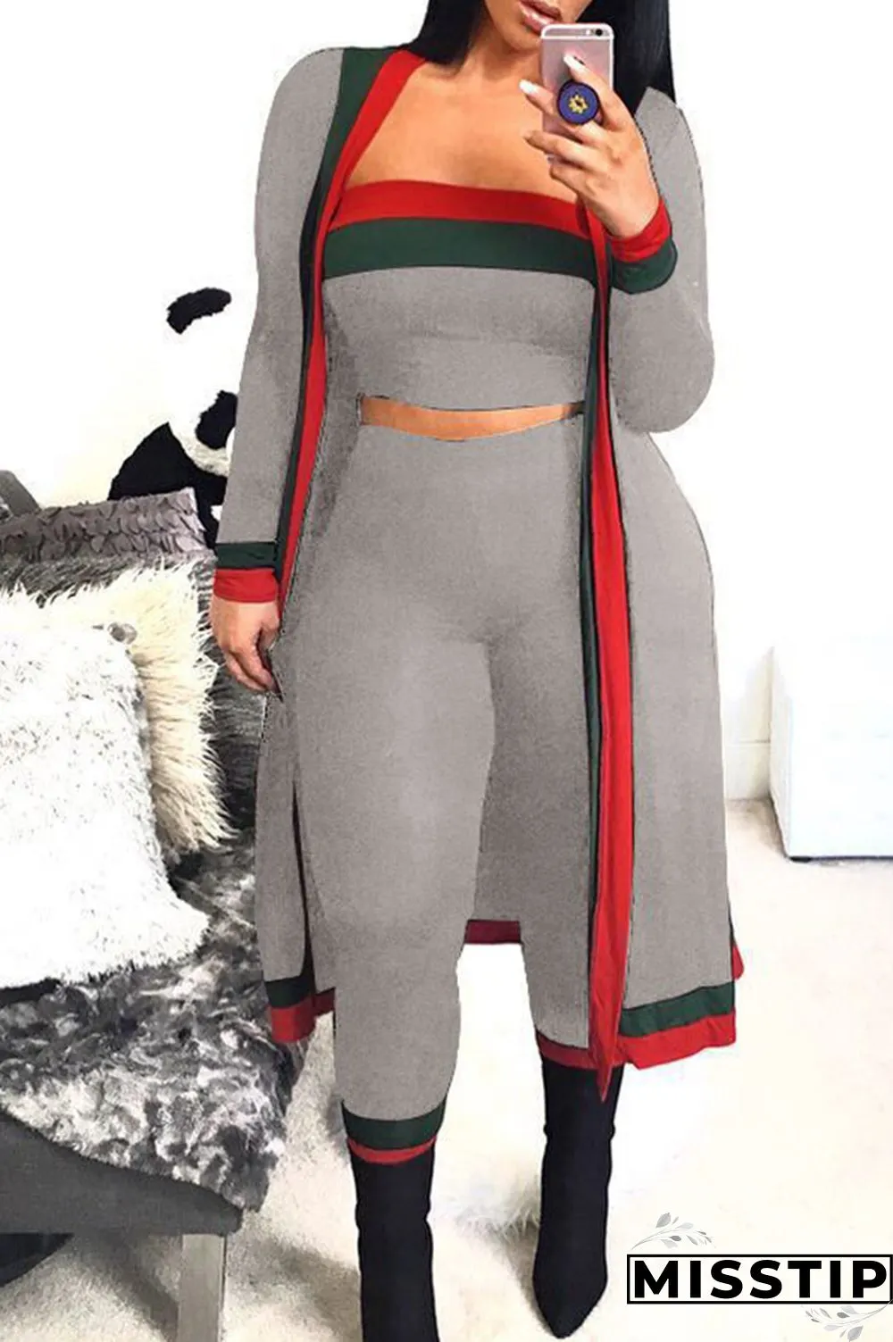 LightKhaki Casual Patchwork Blending Two-piece Pants Set(With The Coat)