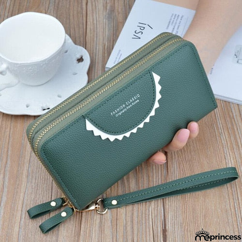 Women's Leather High Capacity Double Zipper With Wristband Purses