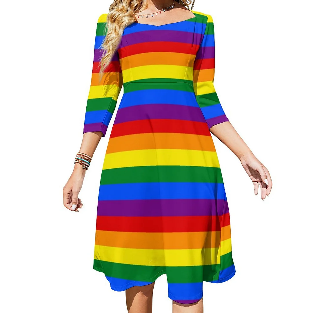 Colorful Rainbow Striped Dress Sweetheart Tie Back Flared 3/4 Sleeve Midi Dresses