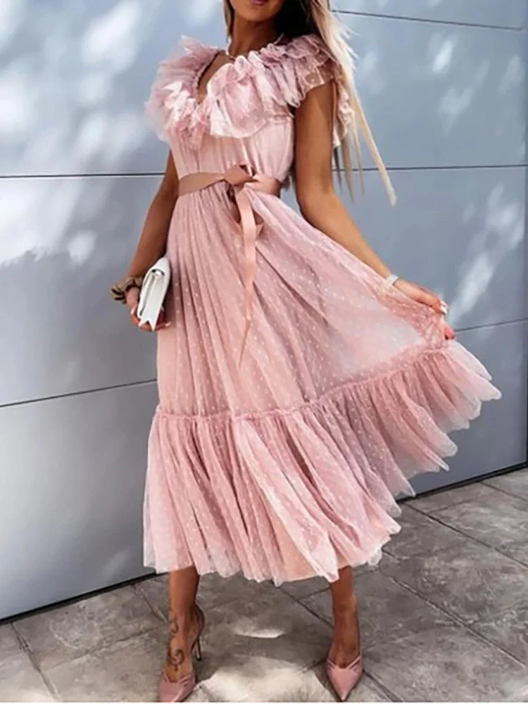2022 Summer Ladies Sexy Deep V Neck Gauze Party Dress Women Elegant Solid Sleeveless Knee-Length Dress Streetwear Sweet Dresses