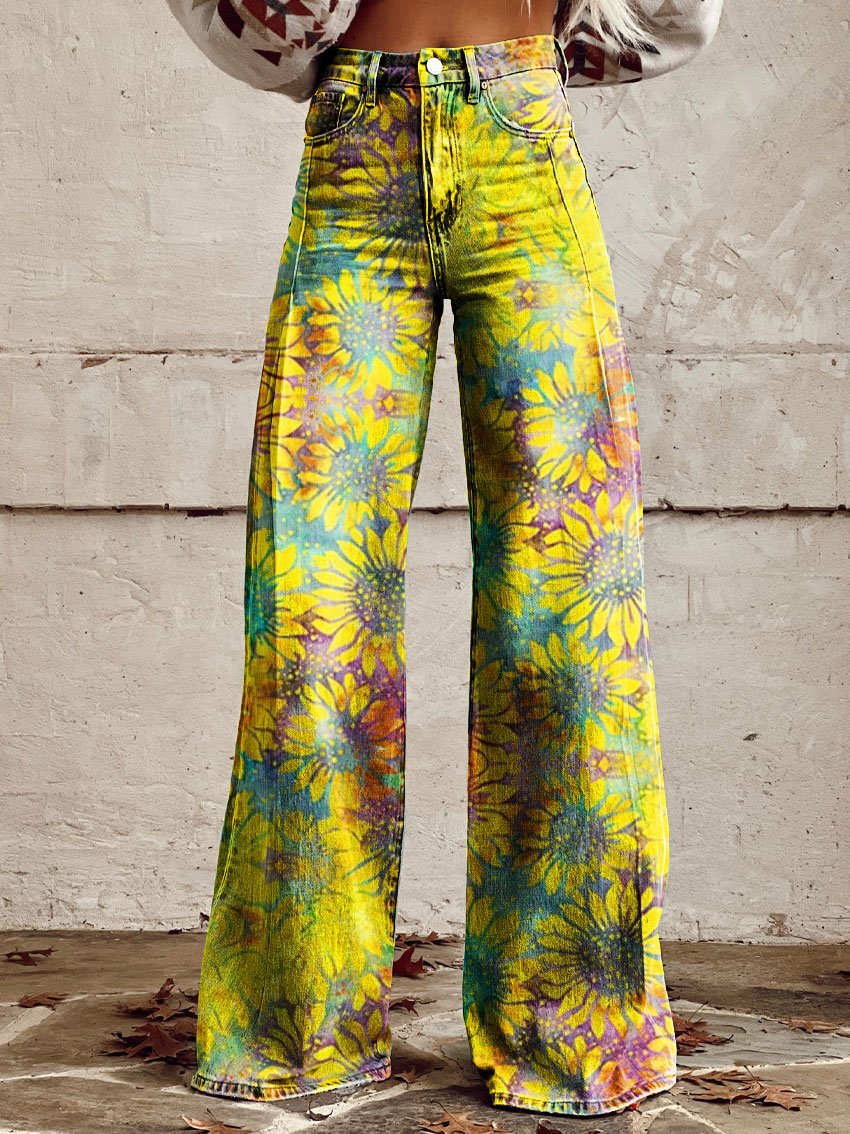 Women's Vintage Print Casual Wide Leg Pants