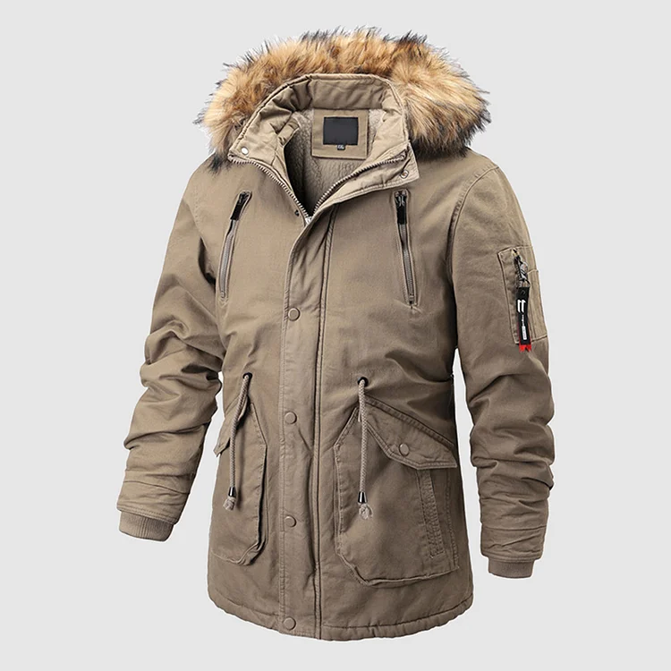Outdoor Zipper Multi-Pocket Long Sleeve Hooded Thickened Quilted Coat
