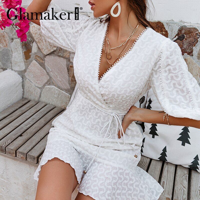 Glamaker Cotton ruffle white v neck puff sleeve dress Sexy backless casual mini A-line dress Holiday beach summer dress vestidos