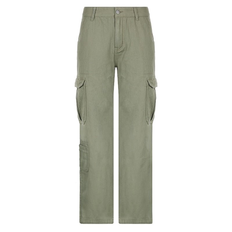 IAMSURE Casual Loose Big Pockets Cargo Pants Green Mid-Waisted Wide Leg Pants Women 2022 Spring Autumn Streetwear Fashion Ladies