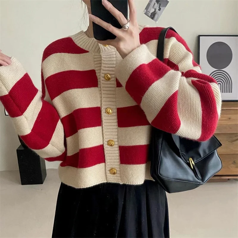 Ueong Spring New Korean Style Lazy Gentle Wind Striped Knitted Cardigan Round Collar Color Loose Hair