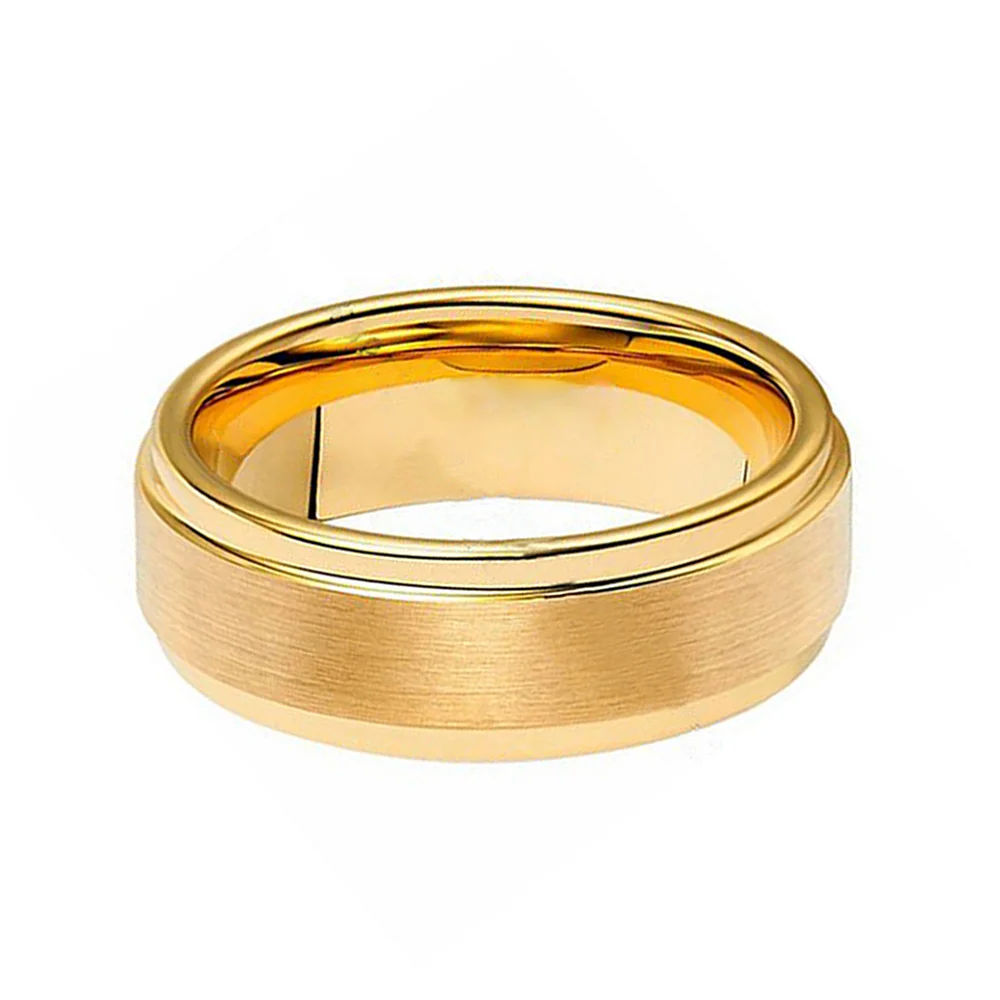 Gold Plated Mens Tungsten Wedding Band Ring Brushed Surface Step Edge 8mm