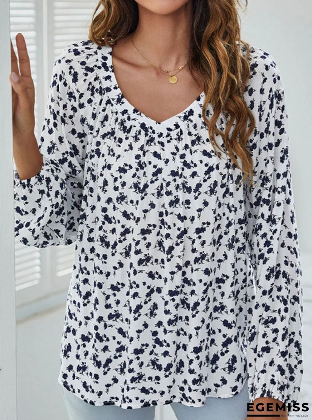Floral Print V-neck Casual Long-sleeved Blouse | EGEMISS