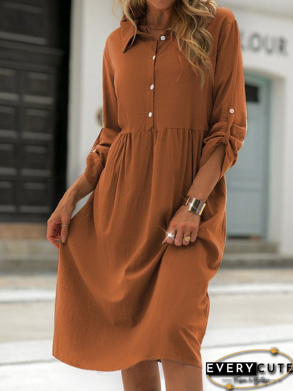 Shirt Collar Shift Long Sleeve Cotton-Blend Dresses Linen