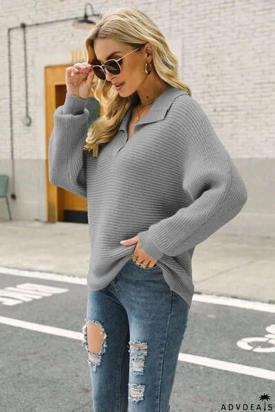 Ribbed Johnny Collar Pullover Sweater