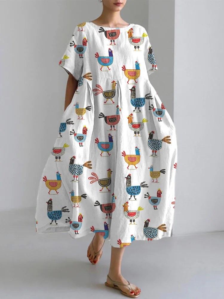 Funny Farm Chicken Embroidery Pattern Linen Blend Dress