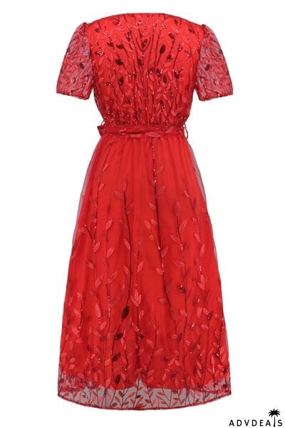 Sequin Leaf Embroidery Tie Front Short Sleeve Dress