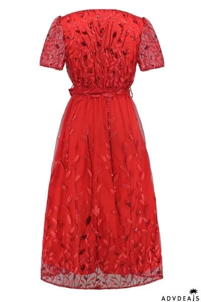 Sequin Leaf Embroidery Tie Front Short Sleeve Dress