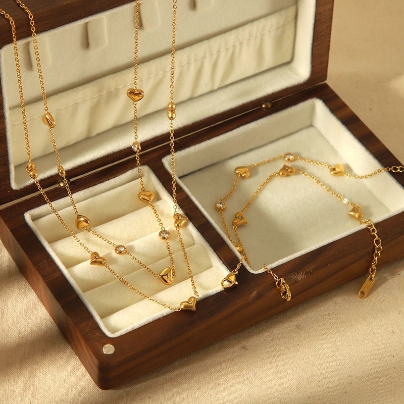 IG Style Heart Shape 304 Stainless Steel Zircon 18K Gold Plated Plating Inlay Bracelets Necklace