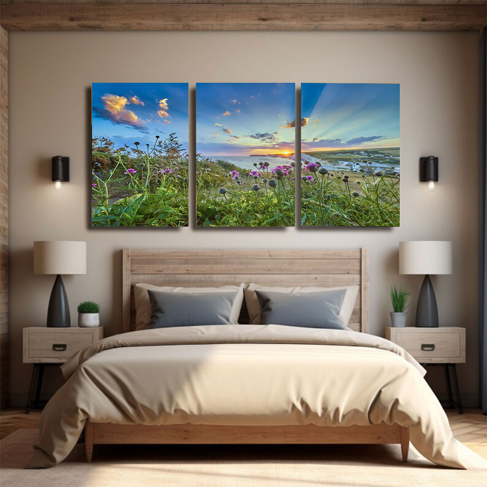 3-Piece Set Coastal Wildflowers With Sun Rays Canvas Art