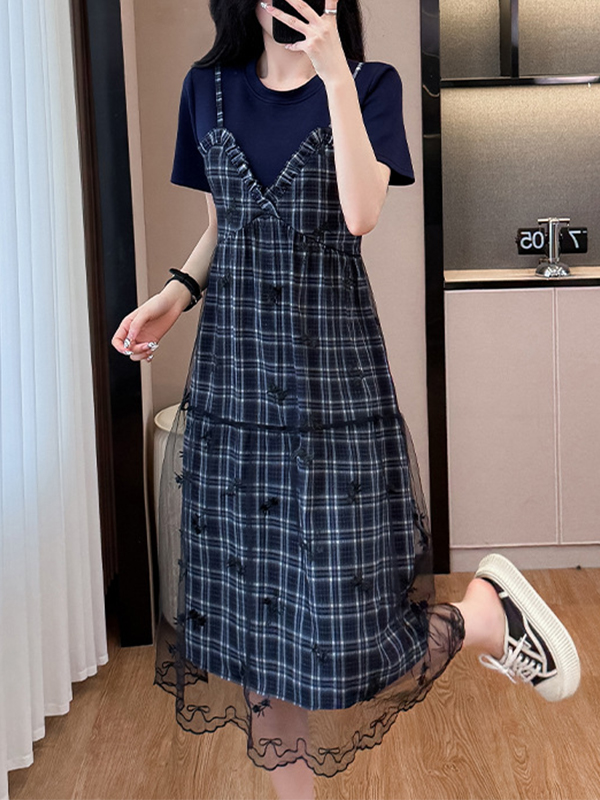 Short Sleeve Patchwork Strap V Neck Ruffled Plaid Pattern Midi Dress