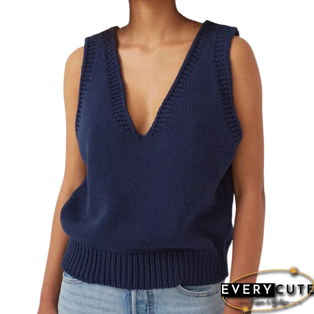 Navy Blue V Neck Knit Sleeveless Sweater