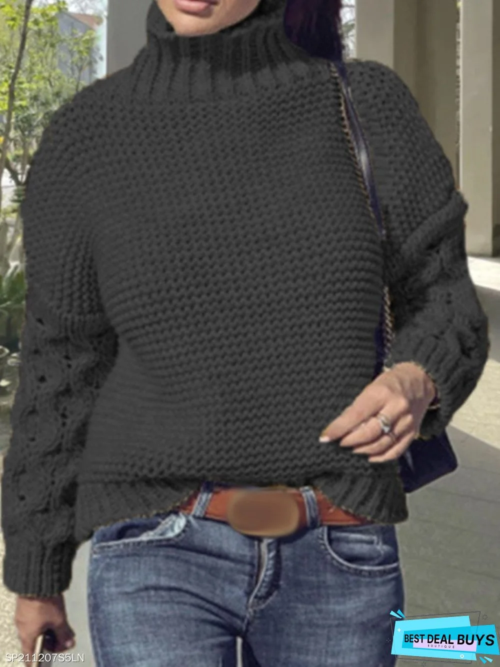 Fashion High-Neck Plain Hollow Casual Long-Sleeved Sweater