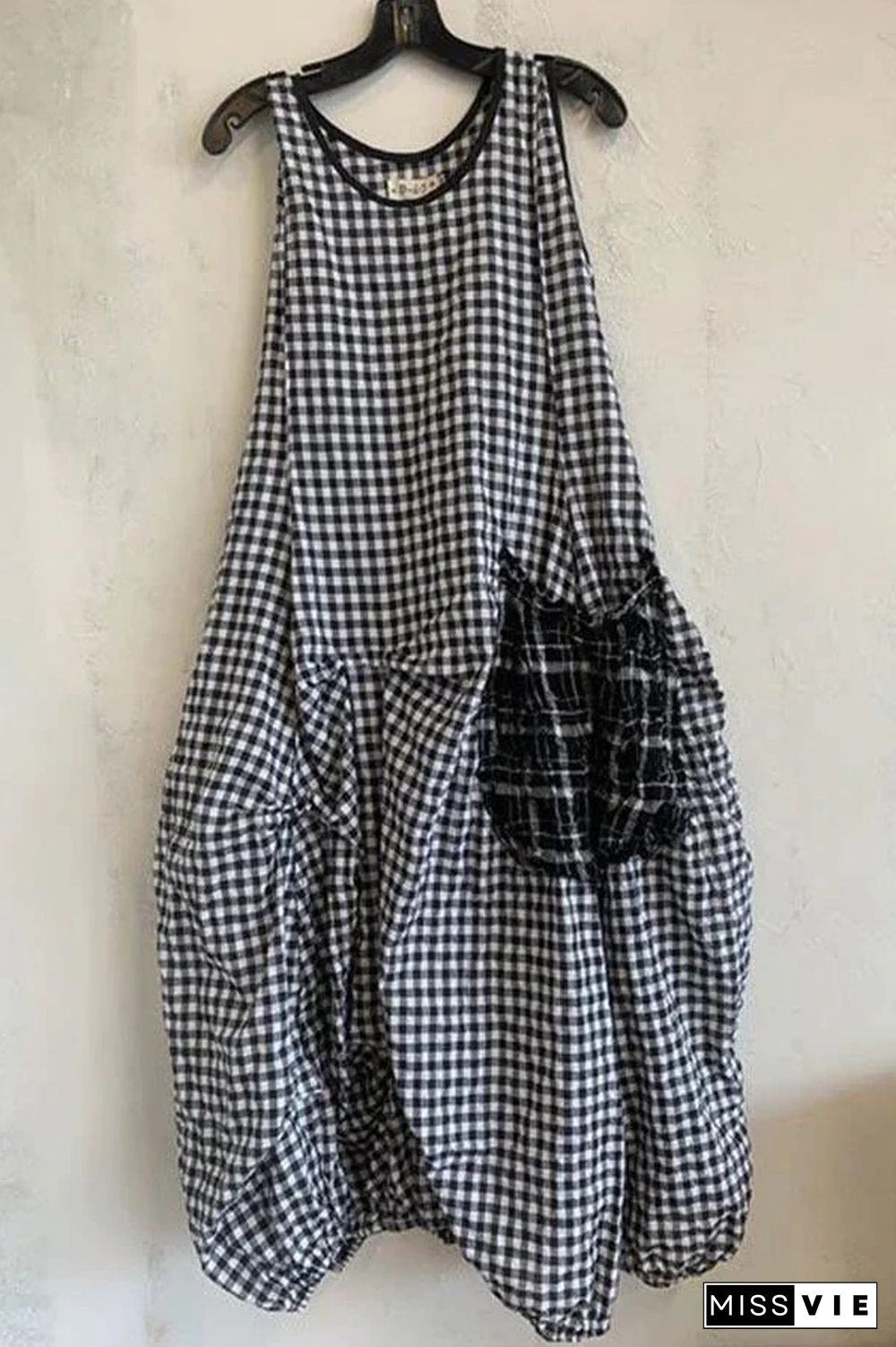 Plaid Print Color-block Paneled Pockets Vintage Midi Dress