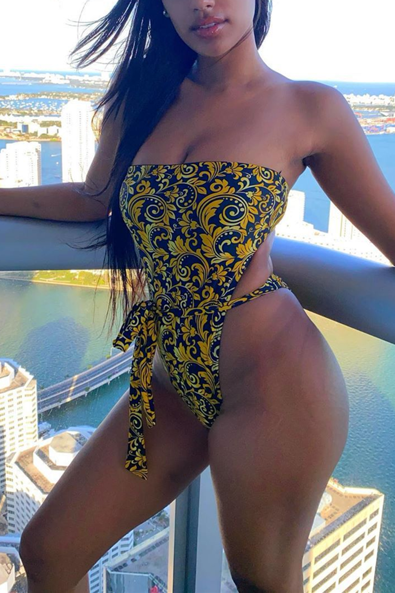 Yellow Sexy Fashion Printed One-piece Swimsuit | EGEMISS