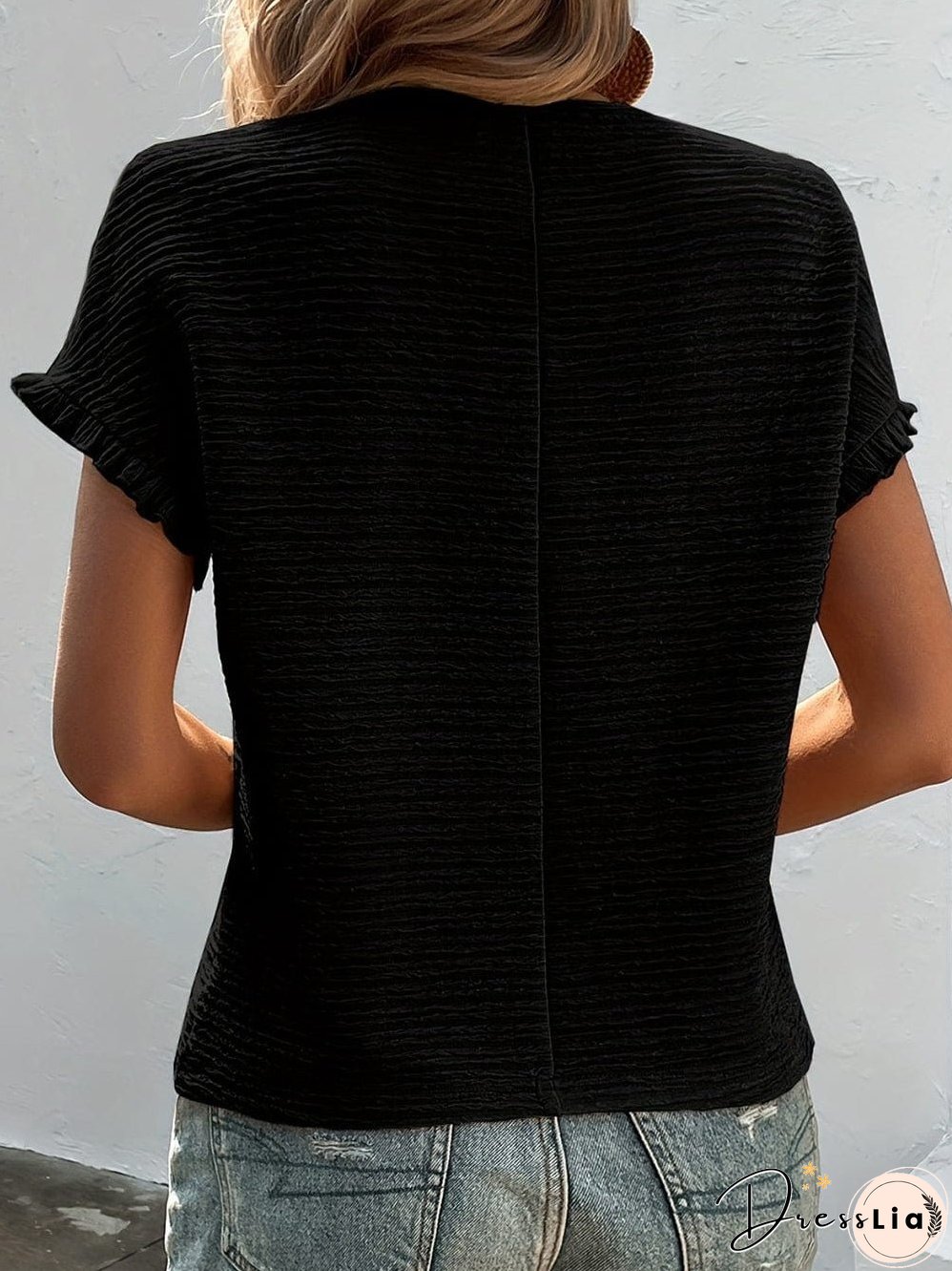 Elegant Black Textured Ruffle Sleeve Blouse