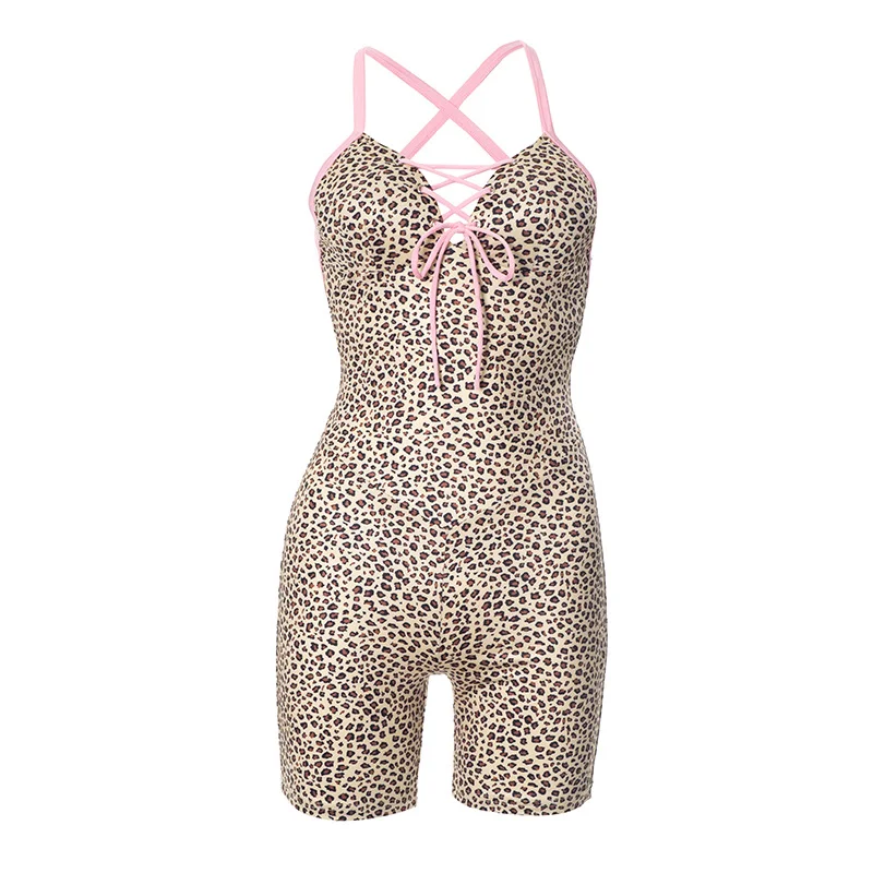 Uveng Uveng Women's Spring/Summer Leopard-Print Bow Tie Tie Cross-Exel Short Jumpsuit