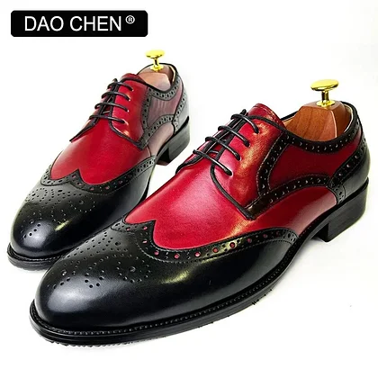 VCSHOES MEN SHOES RED MIXED BLACK WING TIP BROGUE CASUAL MENS DRESS SHOES OFFICE WEDDING LEATHER SHOES FOR MEN