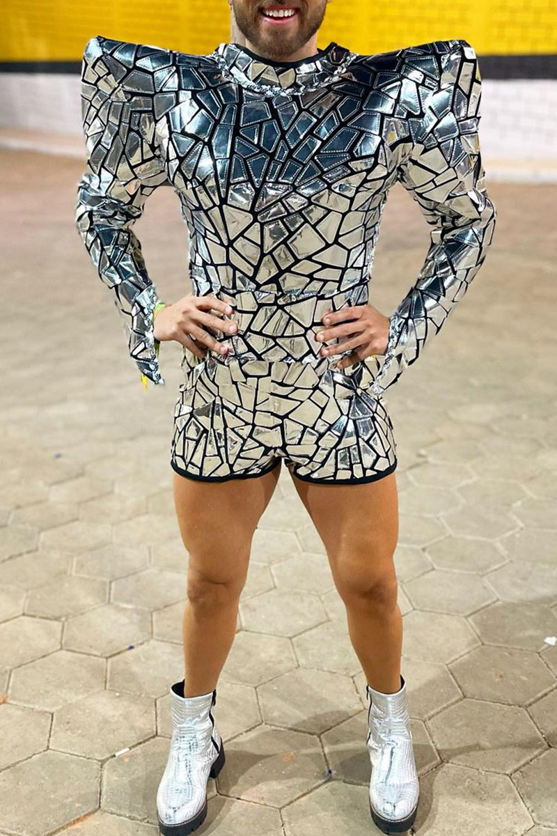 Ciciful Metallic Mirror Sequin Shoulder Pads Silver Romper