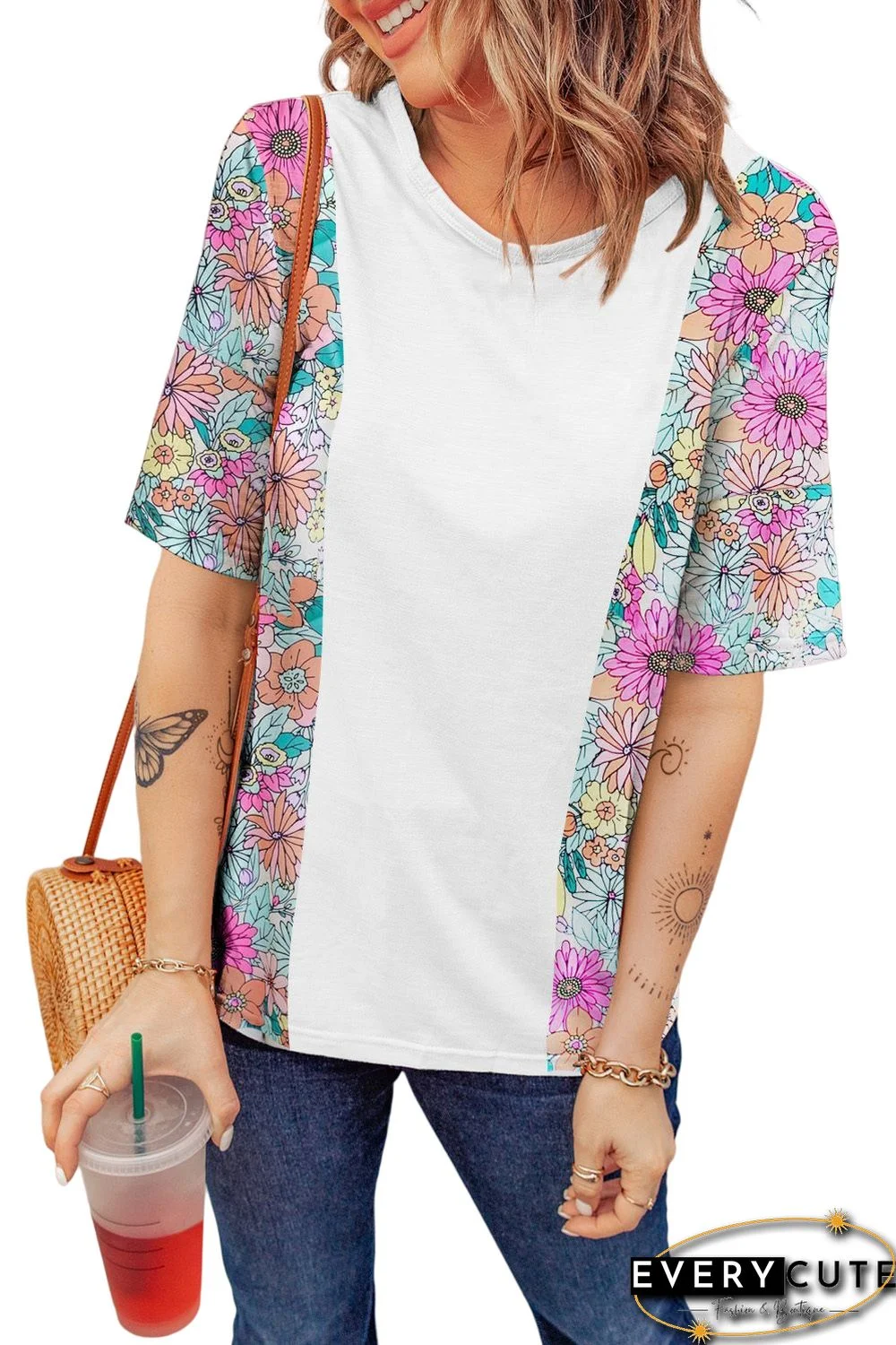 White Floral Print Patchwork Short Sleeve Top