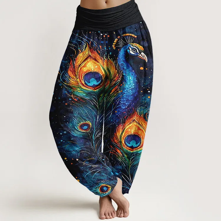 Cotton Peacock Starry Sky Pattern Women's Elastic Waist Harem Pants