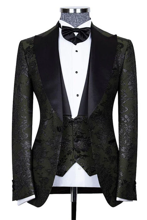 Nathanael Handsome Black Three Pieces Jacquard Peaked Lapel Wedding Groom Suit Online s