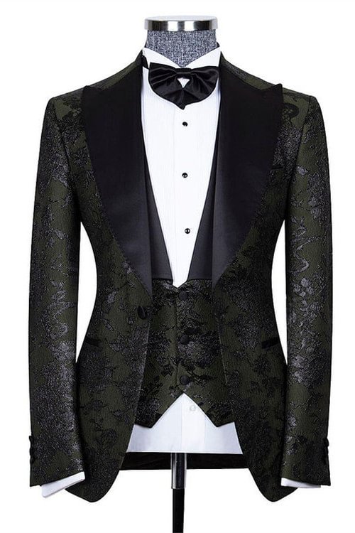 Peaked Lapel Classy Black Three Pieces Jacquard Wedding Groom Suits | Ballbellas Ballbellas