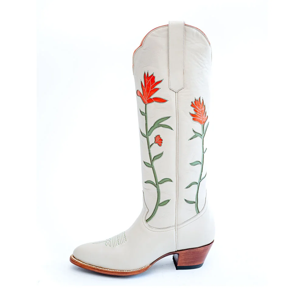YDN Women's White Chunky Heel Knee High Flower Cowboy Boots