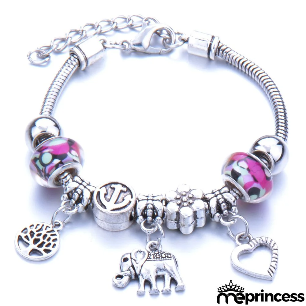 Women Fashion Rhinestone Butterfly Crown Pendant Beaded Bracelet