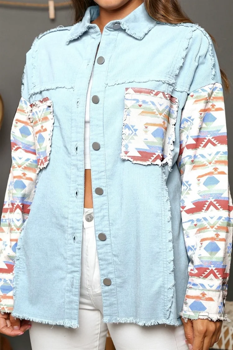 Women's Aztec Denim Jacket Color Block Western Tribal Jacket Coat