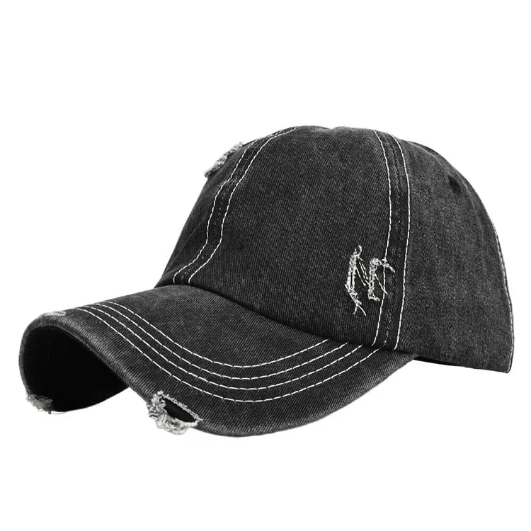 Retro Denim With Hole Baseball Cap Washed Old Peaked Cap Solid Color Baseball Cap Curved Brim Sun Hat No Fading