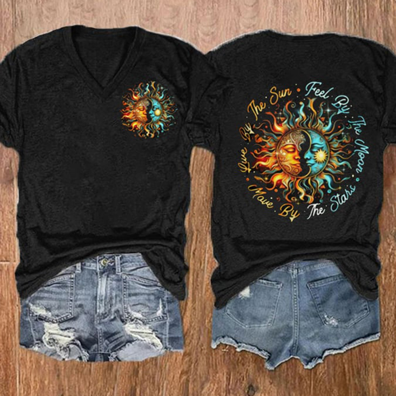 Live By The Sun Love By The Moon Print Casual T-Shirt wearshes