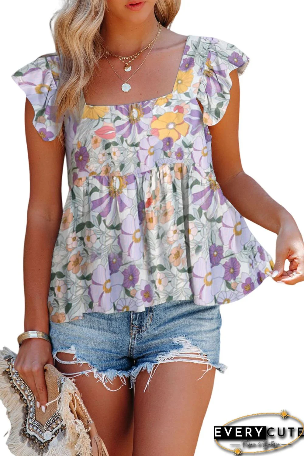 Purple Multicolor Flutter Floral Print Flowy Tank Top