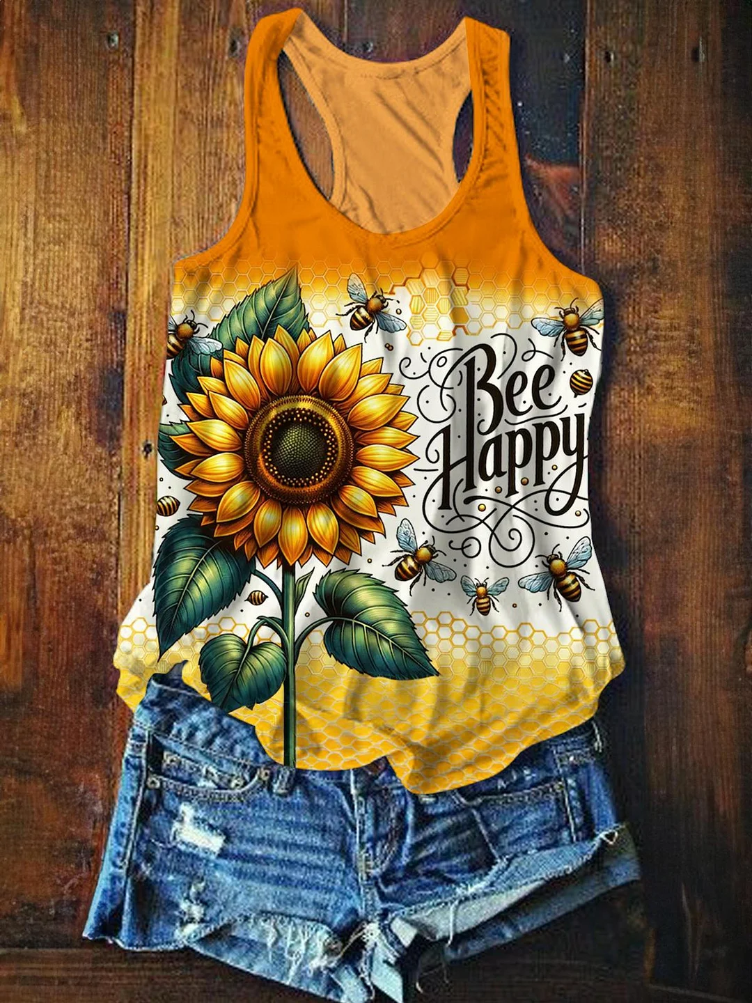 Sunflower Bee Print Casual Tank Top